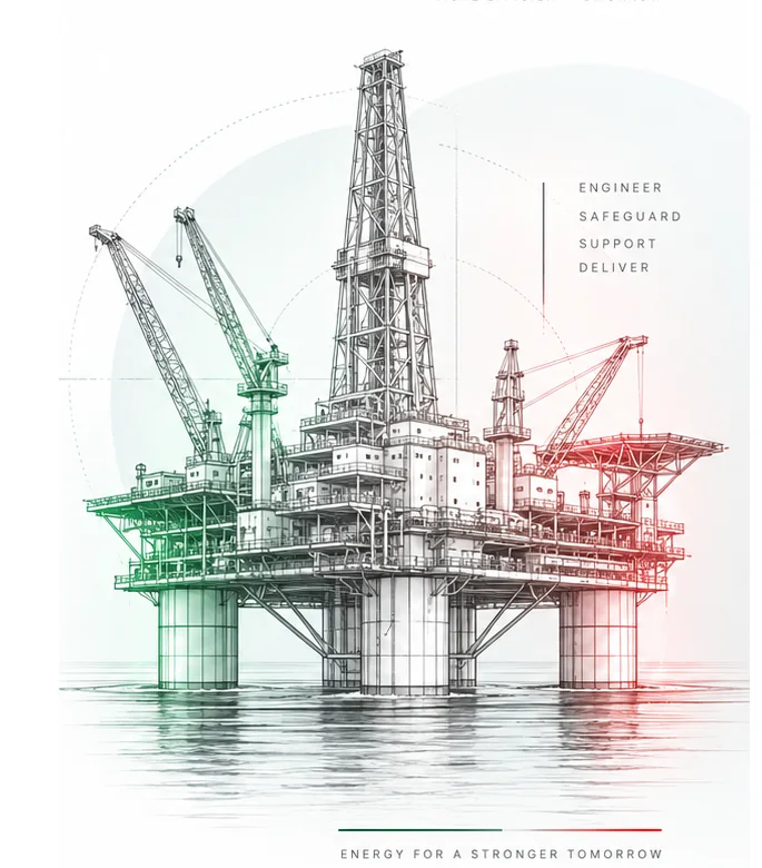 Clean technical illustration of an offshore oil and gas platform