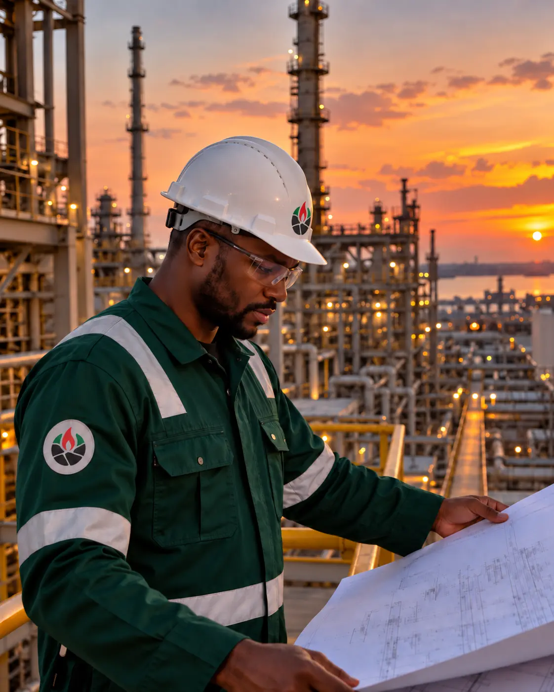 African engineer reviewing mobilisation scope at a refinery